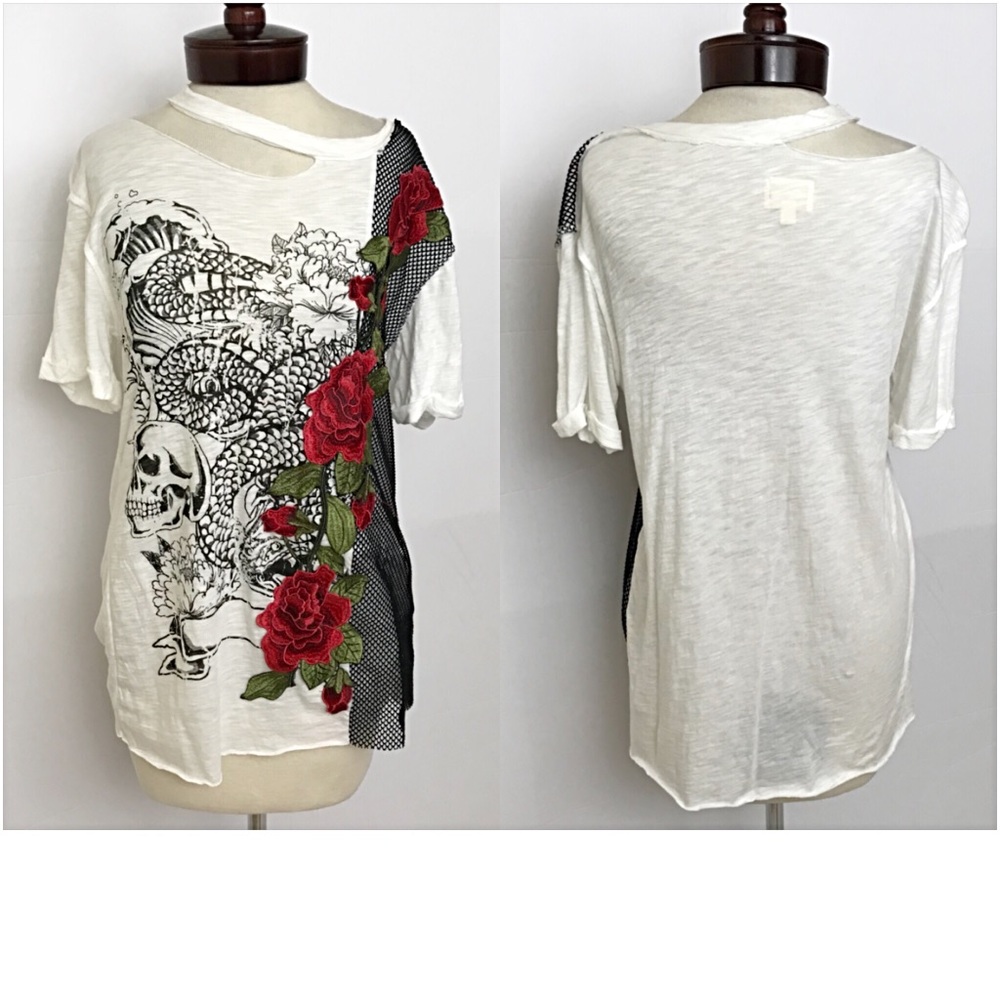 Distressed Rose Skull Graphic Tunic Tee SML - Picture 4 of 8